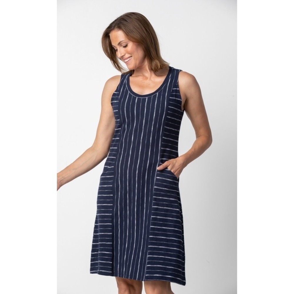 Habitat Blue White Striped Cotton Knit A-Line Pocket Dress L 50480 Nautical